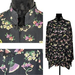 Black Silk Floral Kimono Jacket Vintage Harari Asian Inspired Long Tunic Blouse